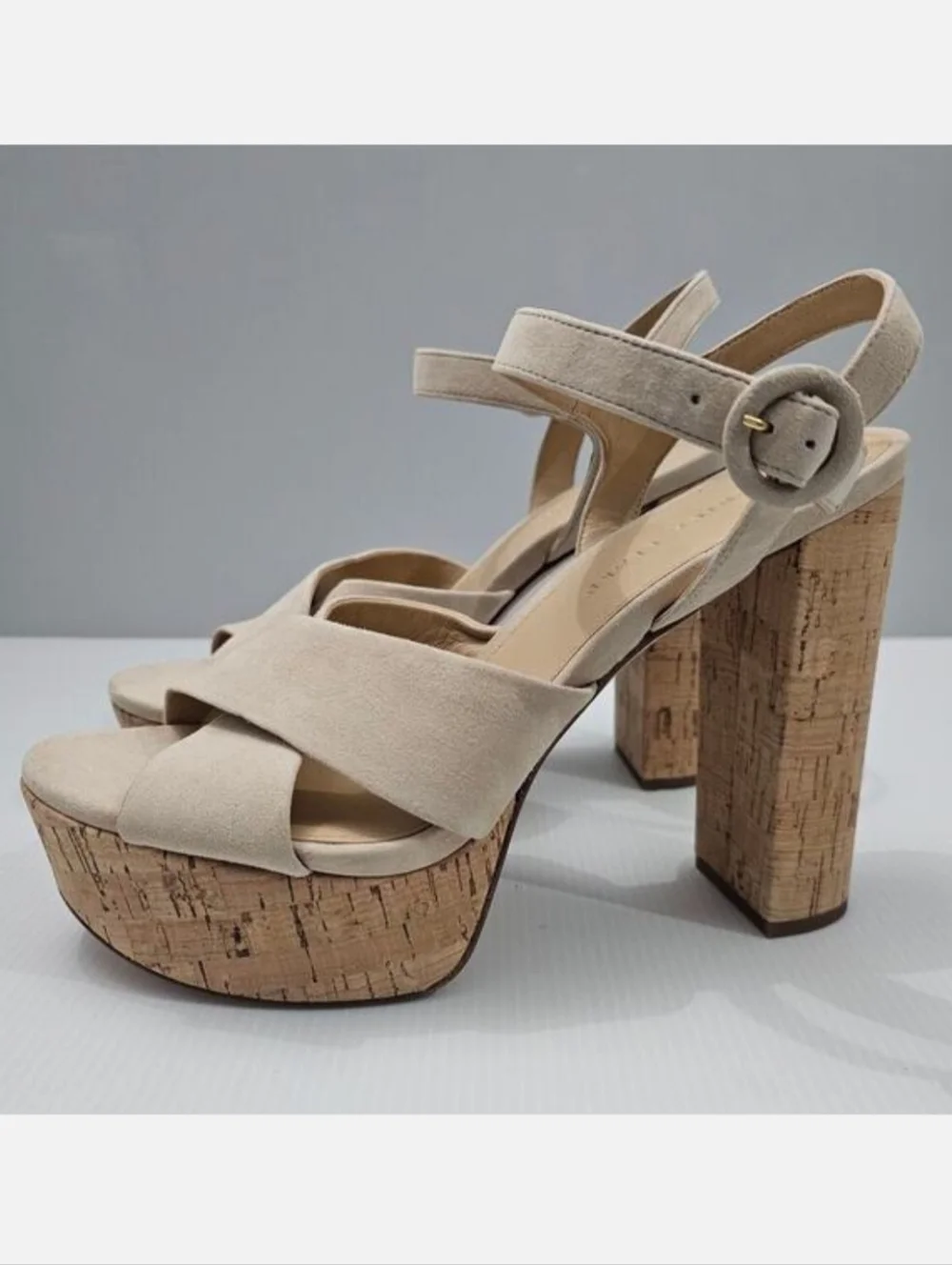 Veronica Beard Lucille Platform Sandal Womens 10 Ecru Suede Cork Block Heel